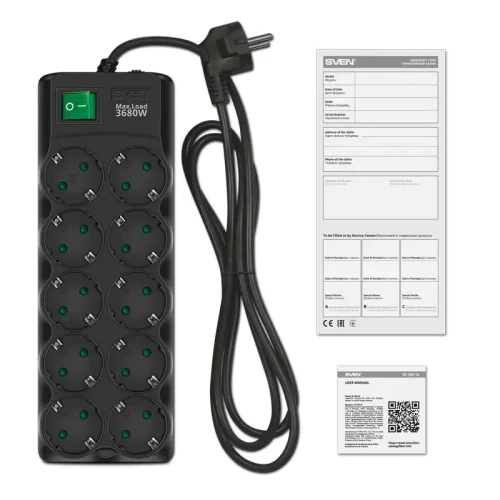 Power Strip SVEN SF-10E-16, 10 Outlets, 5m, Black
