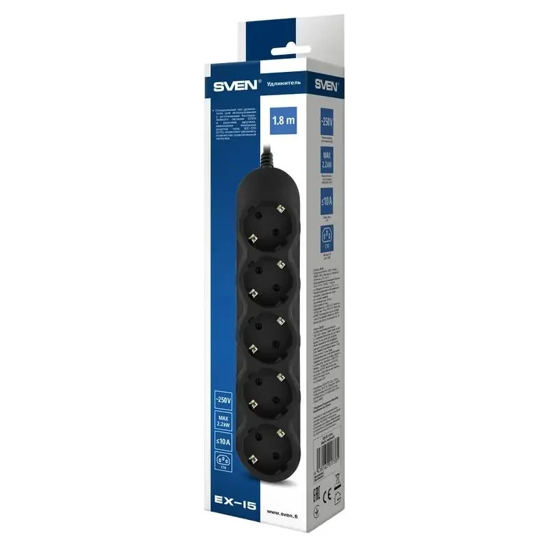 Power Strip SVEN EX-I5, 5 Outlets, 1,8m, Black 4