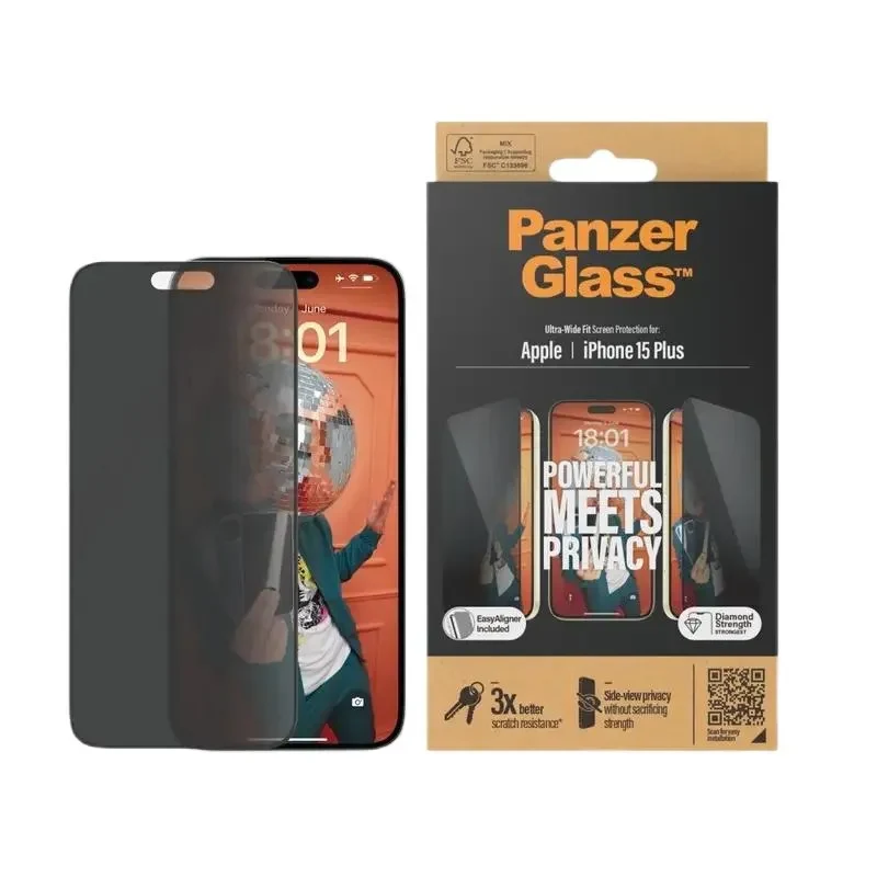 Screen Protector Glass PanzerGlass iPhone 15 Plus Privacy wA, Transparent 3