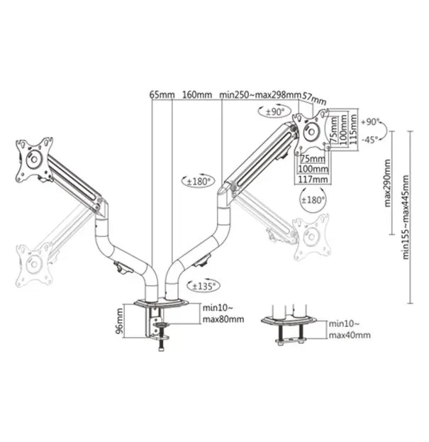 Arm for 2 monitors 17”-32” - Gembird MA-DA2-02, Steel (1.35 mm), Gas spring 2-8 kg per screen, VESA 75/100, arm rotates, extends and retracts, tilts to change reading angles, and allows to rotate display from landscape-to-portrait mode 2