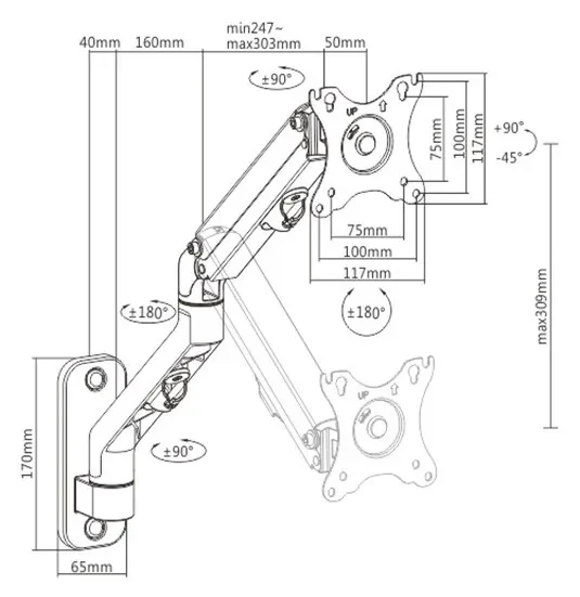 Monitor wall mount arm for 1 monitor up to 27”  Gembird MA-WA1-02, Adjustable wall display mounting arm (rotate, tilt, swivel),  VESA 75/100, up to 9 kg, black 2