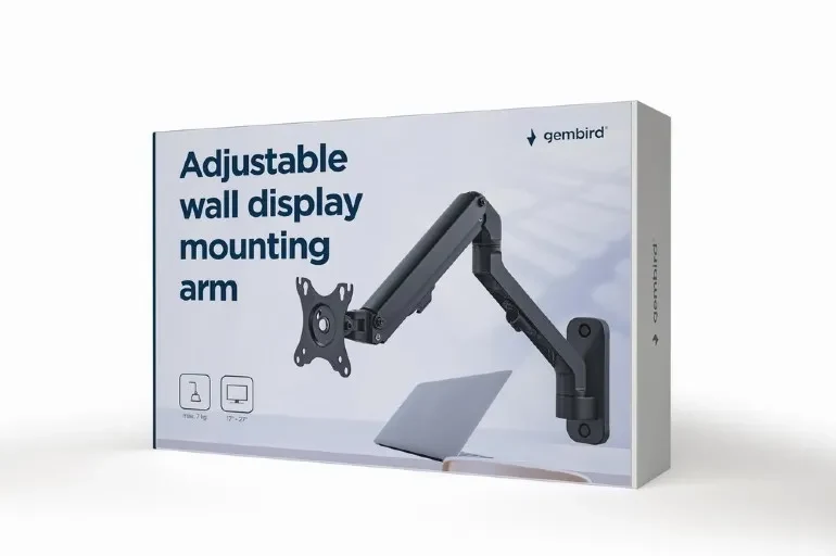 Monitor wall mount arm for 1 monitor up to 27”  Gembird MA-WA1-02, Adjustable wall display mounting arm (rotate, tilt, swivel),  VESA 75/100, up to 9 kg, black 3