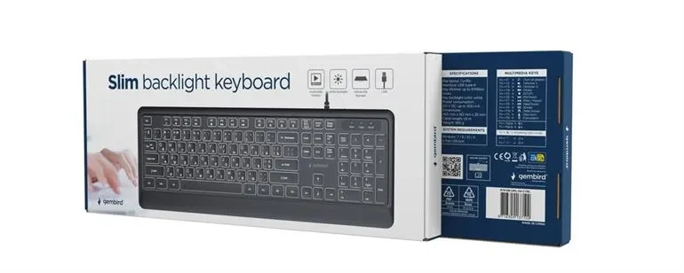 Gembird KB-UML-04-CYRL, Slim wired backlight keyboard, Professional slim key design, USB A+C combo plug, RU-layout, Black 4