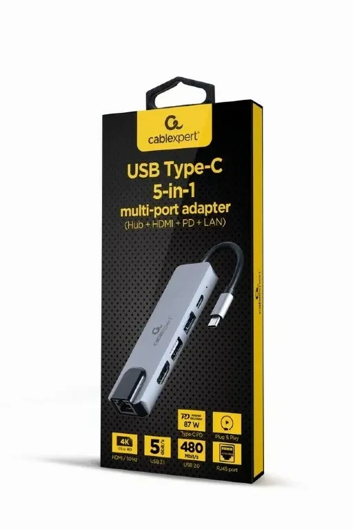 5-in-1 multi-port adapter Gembird  A-CM-COMBO5-04/ USB-C/ 2xUSB-A/ HDMI/ RJ45 2