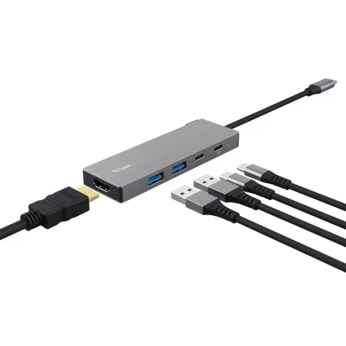 Trust Dalyx 5-in-1 USB-C Multiport Adapter, USB v.3.2 gen 1, HDMI V 2.0 (4K@60Hz),  fast data transfers (5 Gbps), 2 x USB-C, 2 x USB-A, Charging technology USB PD2.0 (up to 5A/85W), Cable length main 10 cm, 48g