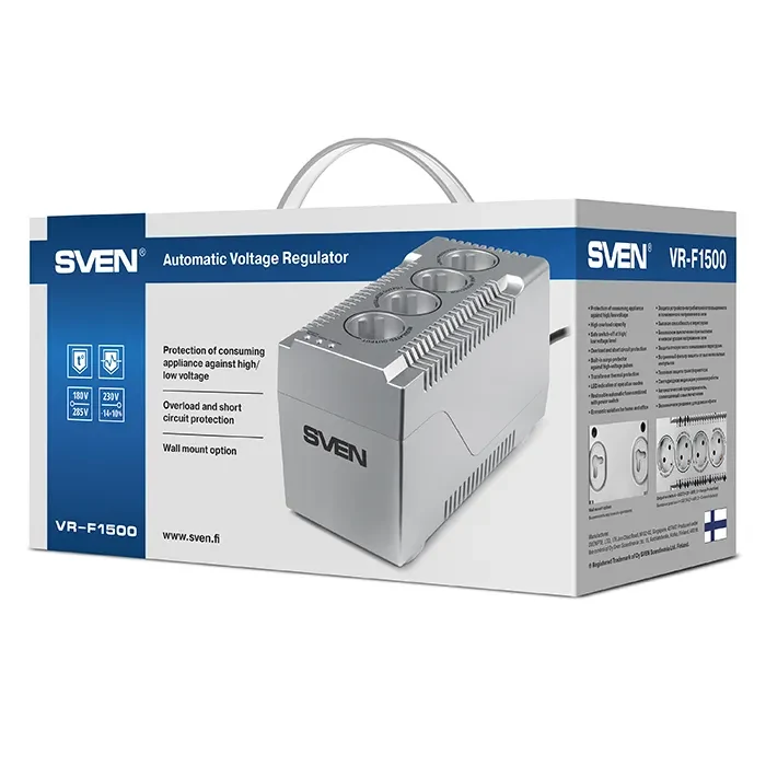 SVEN VR-F1500, 500W, Automatic Voltage Regulator, 4x Schuko outlets, Input voltage: 180-285V, Output voltage: 230V ± 10%, input and output voltage digital indicator on the front panel, Power supply delay function, metal body, Black 8