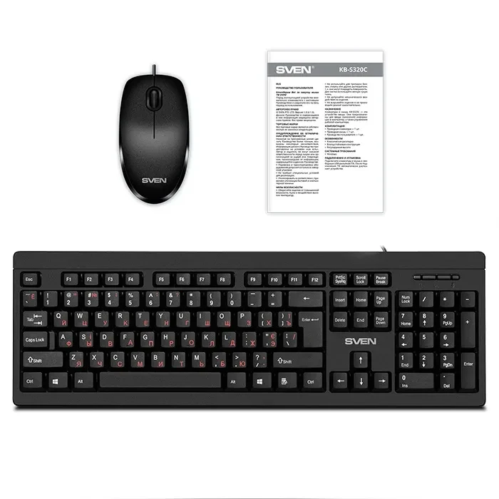 SVEN KB-S320C, Keyboard 104 keys + Mouse (Optical 800 dpi, 3+1 (scroll wheel)), Waterproof design, 1.5m, USB, Black, Rus/Ukr/Eng 8