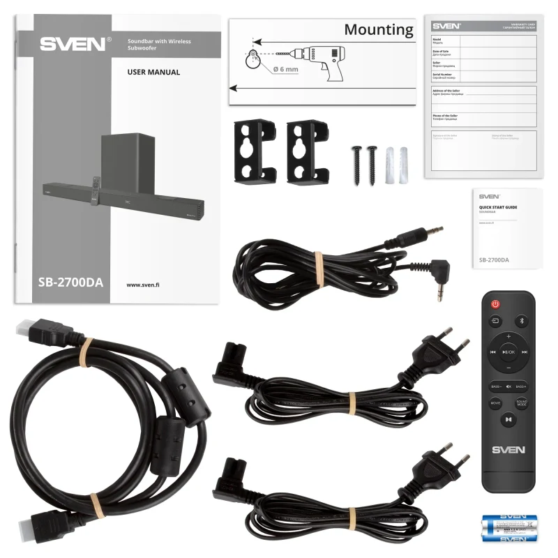 SVEN Soundbar SB-2700DA  with wireless subwoofer, 450 W, 275W + 7*25W (5.1.2), DolbyAtmos, Bluetooth, HDMI, USB, Wireless Subwoofer, HDMI (ARC), SPDIF (Optical),  AUX (3.5mm jack), remote control, LED display, black 9