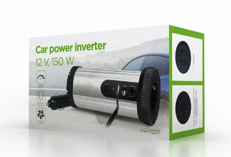EnerGenie EG-PWC150-01, 12 V Car power inverter, 150 W, Input: 10-16 VDC (accumulator directly) - Output: 230 VAC +/- 10% at 50 Hz (+/-3Hz), modified sine wave 4