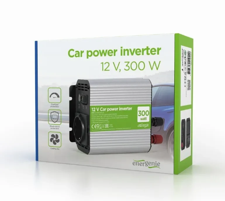 EnerGenie EG-PWC300-01, 12 V Car power inverter, 300 W, with USB port / 5V-2.1A, LED indicator, Input: 10-16 VDC (accumulator directly) - Output: 230 VAC +/- 10% at 50 Hz (+/-3Hz), modified sine wave 4