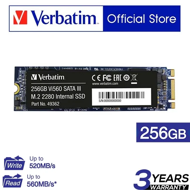 M.2 SATA SSD 256GB  Verbatim Vi560 S3, SATA 6Gb/s, M.2 Type 2280 form factor, Sequential Reads: 560 MB/s, Sequential Writes: 460 MB/s, Max Random 4k: Read: 102,000 IOPS / Write: 80,000 IOPS, Phison Controller, 3D NAND TLC 2