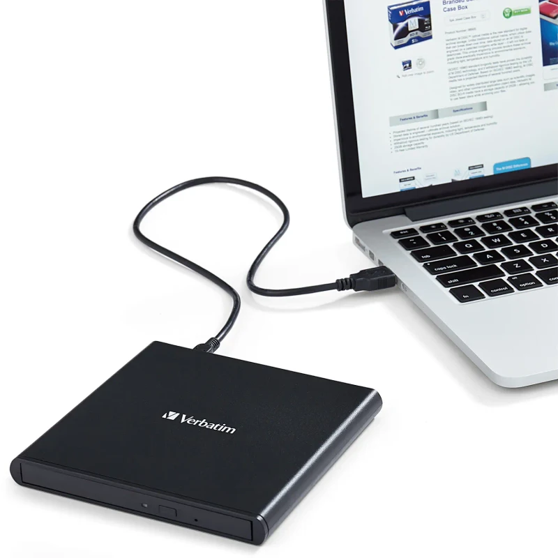 External Slimline CD/DVD Writer VERBATIM, Portable Slim -14mm, Super-Multi CDR/RW +24x/-24x, DVDR+8x/-8x, RW+6x/-6x, DL+6x, RAM 5x, miniDVD, M-DISC, USB2.0, Black, Retail (98938) 2