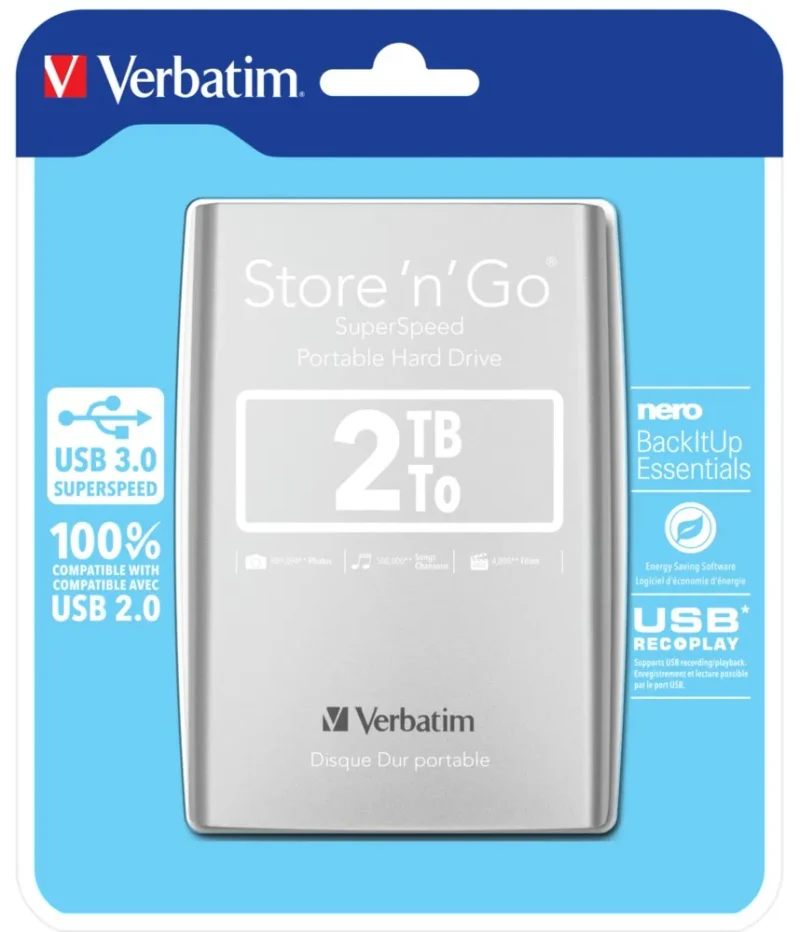 2.5” HDD Extern Verbatim Store 'n' Go G1 / USB3.0 / 2.0TB / Silver 7