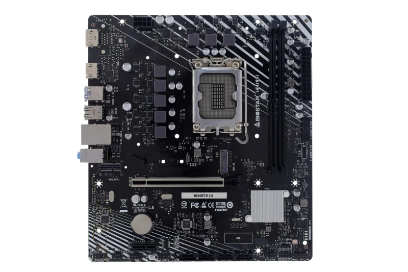 BIOSTAR H810MT-E 2.0, Socket 1851, Intel® H810 (Ultra 2 Series CPU), CPU graphics, HDMI, DP, Dual 2xDDR5-6400, 1xPCIe X16 5.0, 4xSATA3, RAID, 1xM.2 4.0, 2xPCIe X1, 1xWiFi M.2 Key E, ALC897 7.1 HDA, 1GbE LAN, 5xUSB3.2 (1C+4A), mATX 2