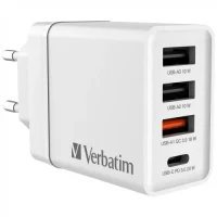 USB Charger VERBATIM 30W, 4 Port - 1 x USB-C port (PD 3.0 up to 20W), 3 x USB-A ports (1 x USB-A QC 3.0 up to 18W, 2 x USB-A up to 10W), EU plug, flame-resistant, White