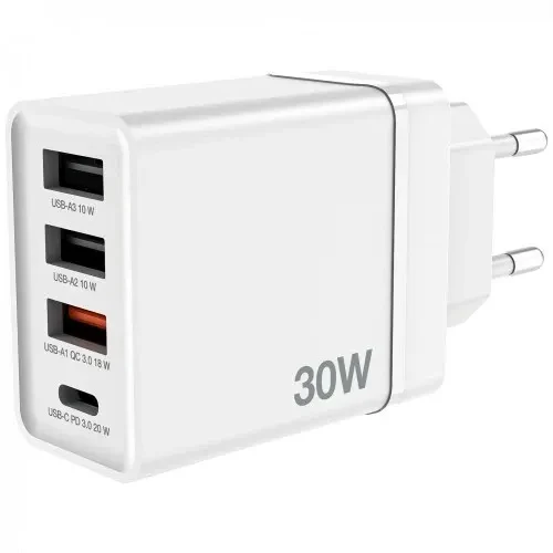USB Charger VERBATIM 30W, 4 Port - 1 x USB-C port (PD 3.0 up to 20W), 3 x USB-A ports (1 x USB-A QC 3.0 up to 18W, 2 x USB-A up to 10W), EU plug, flame-resistant, White 2