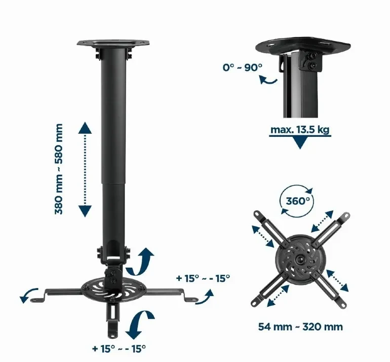 Suport de tavan reglabil pentru proiector Gembird CM-B-01/ 380 ~ 580 mm/ max 13kg/ Black 9