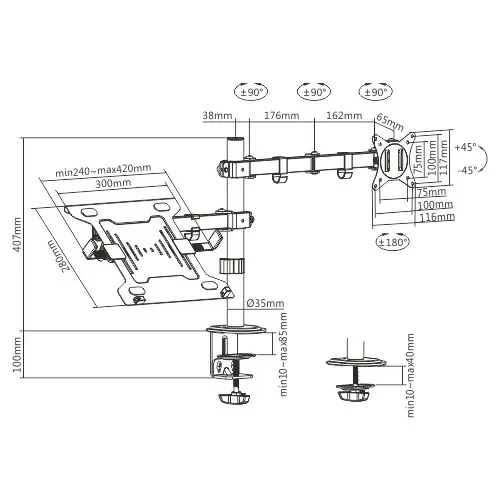 Gembird MA-DA-03,  Adjustable desk mount with monitor arm and notebook tray, Supports monitors up to 32” and notebooks up to 15.6”, black 2