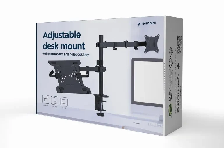 Gembird MA-DA-03,  Adjustable desk mount with monitor arm and notebook tray, Supports monitors up to 32” and notebooks up to 15.6”, black 3