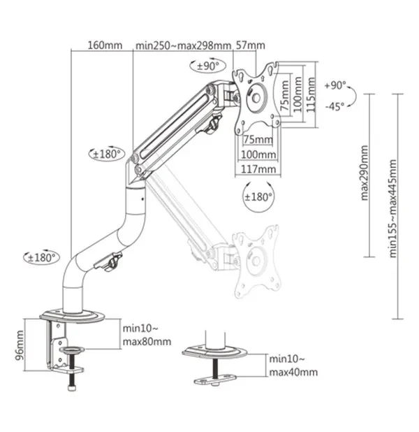 Arm for 1 monitor 17”-32” - Gembird MA-DA1-02, Adjustable desk display mounting arm, Gas spring 2-8kg, VESA 75/100, arm rotates, extends and retracts, tilts to change reading angles, and allows to rotate display from landscape-to-portrait mode 2