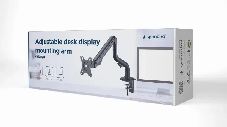 Arm for 1 monitor 17”-32” - Gembird MA-DA1-02, Adjustable desk display mounting arm, Gas spring 2-8kg, VESA 75/100, arm rotates, extends and retracts, tilts to change reading angles, and allows to rotate display from landscape-to-portrait mode 3