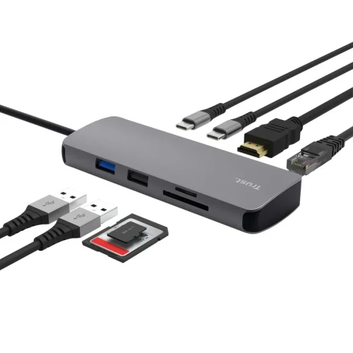 Trust Dalyx 8-in-1 USB-C Multiport Adapter, HDMI 1.4 (4K 30Hz), PD 3.0, Network port with support for fast Gigabit Ethernet, 2 х USB-C, 2 x USB-A, SD, microSD, 68g