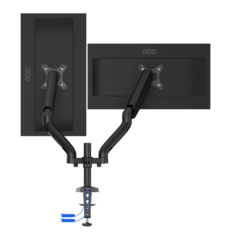 Arm for 2 monitors 13”-31.5” -  AOC AD110DX with integrated USB Hub, Black, USB Hub: USB-C + USB3.0, Desk Clamp/Grommet, Aluminum structure, Gas spring, Height adjustment, Max.Load: 2-9kg, Tilt: '-90°~+85°, Swivel:180°, Rotation: 360°, Hidden cable management, VESA 75/100 3